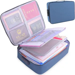 Oxford Document Organizer with Safe Code Lock,High-Capacity Storage Pouch Credential Bag Diploma Storage Important Document and File Pocket, Laptop,Passports,Bank Cards Valuables Travel Bag (Blue)