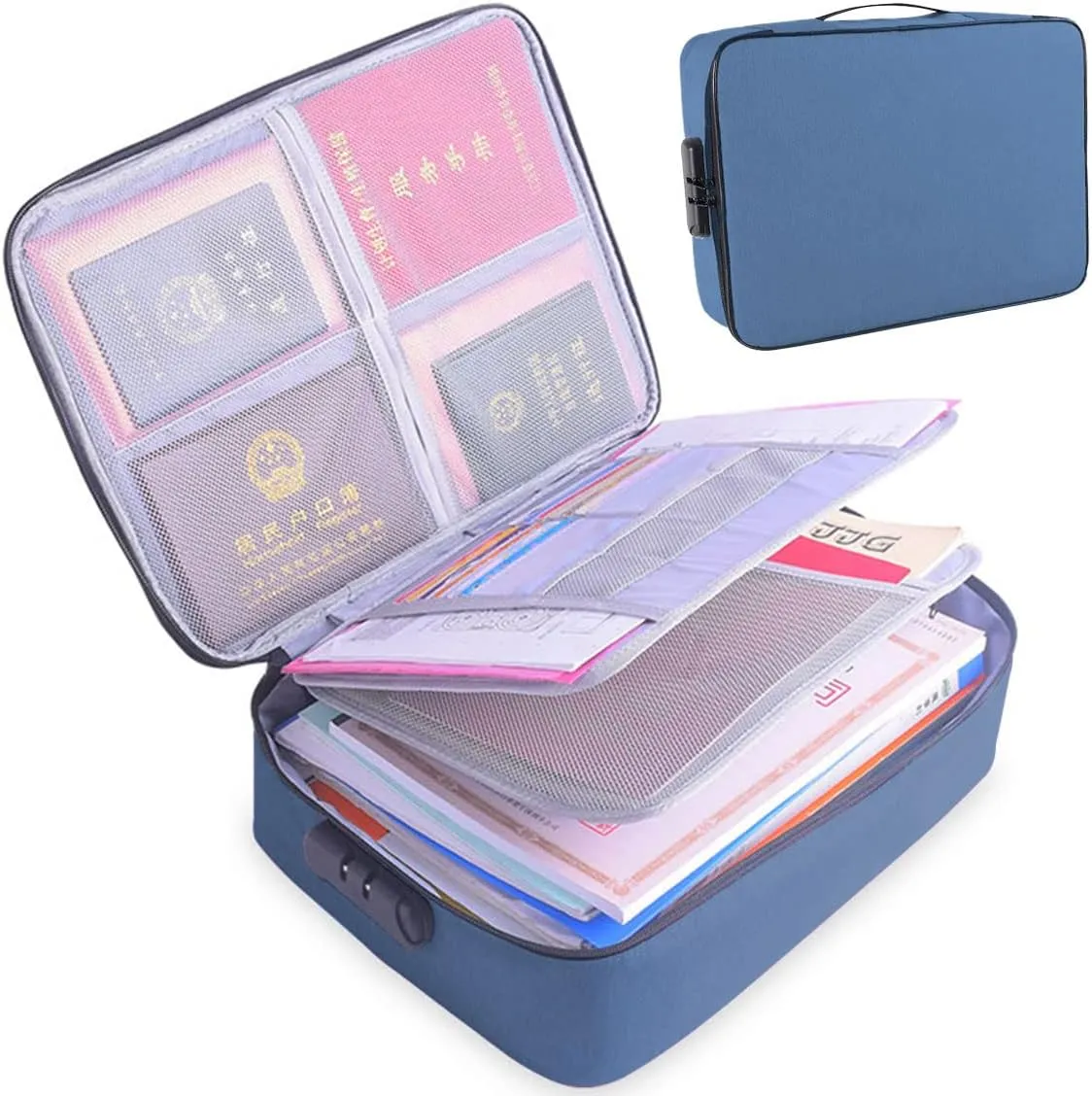 Oxford Document Organizer with Safe Code Lock,High-Capacity Storage Pouch Credential Bag Diploma Storage Important Document and File Pocket, Laptop,Passports,Bank Cards Valuables Travel Bag (Blue)