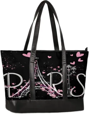 Paris Tower Love Flowers Laptop Tote Bag for Women Lightweight Work Purse with Multiple Compartments Fits 13-15.6 Inch Laptop Tablet Shoulder Bag for Office Travel Daily Use