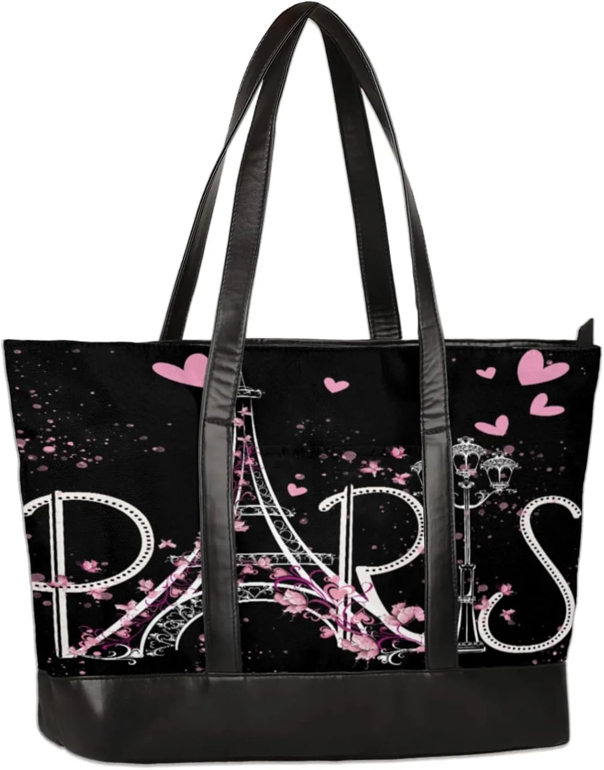 Paris Tower Love Flowers Laptop Tote Bag for Women Lightweight Work Purse with Multiple Compartments Fits 13-15.6 Inch Laptop Tablet Shoulder Bag for Office Travel Daily Use