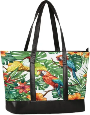 Parrots Leaf Flowers Laptop Tote Bag for Women Lightweight Work Purse with Multiple Compartments Fits 13-15.6 Inch Laptop Tablet Shoulder Bag for Office Travel Daily Use