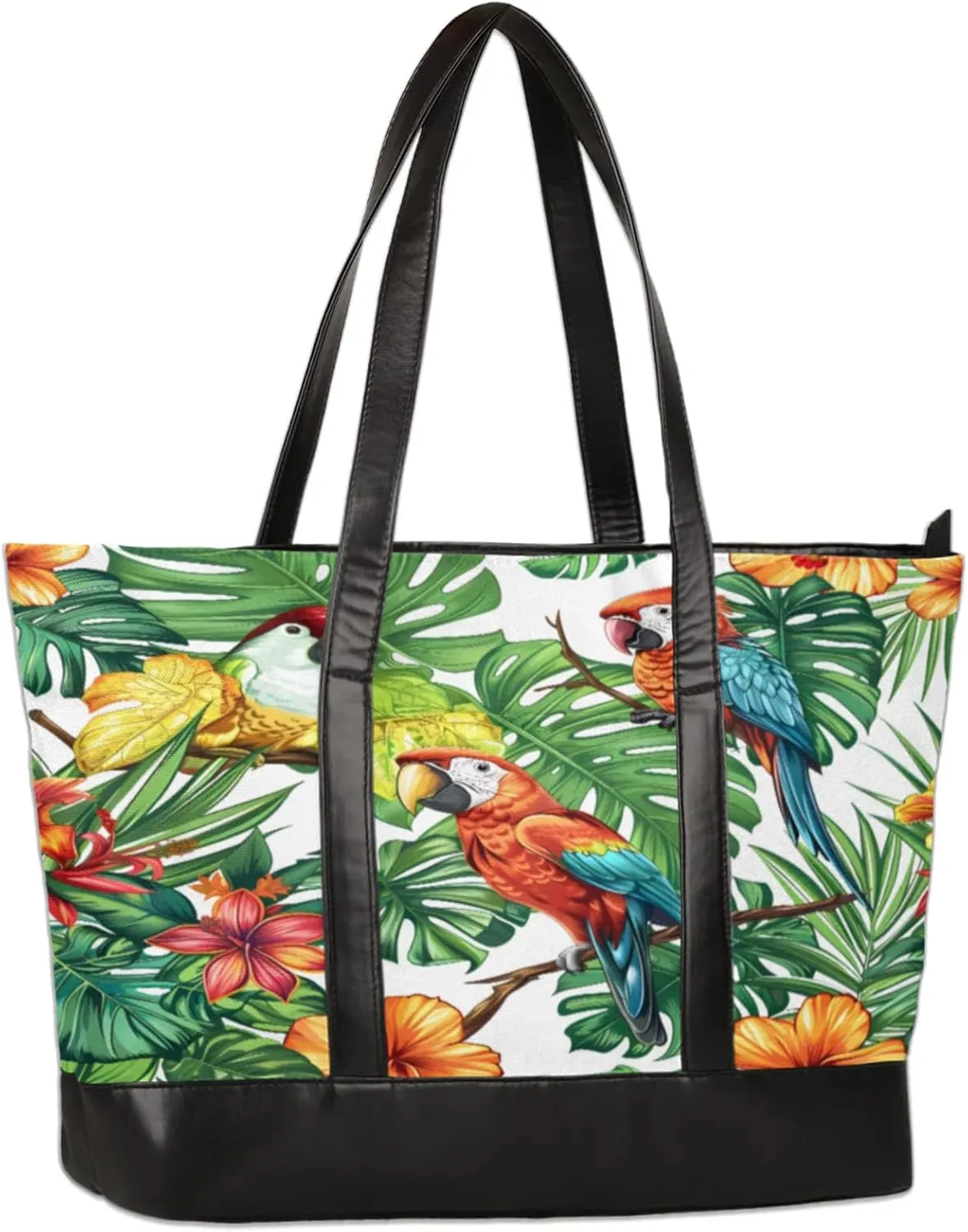 Parrots Leaf Flowers Laptop Tote Bag for Women Lightweight Work Purse with Multiple Compartments Fits 13-15.6 Inch Laptop Tablet Shoulder Bag for Office Travel Daily Use