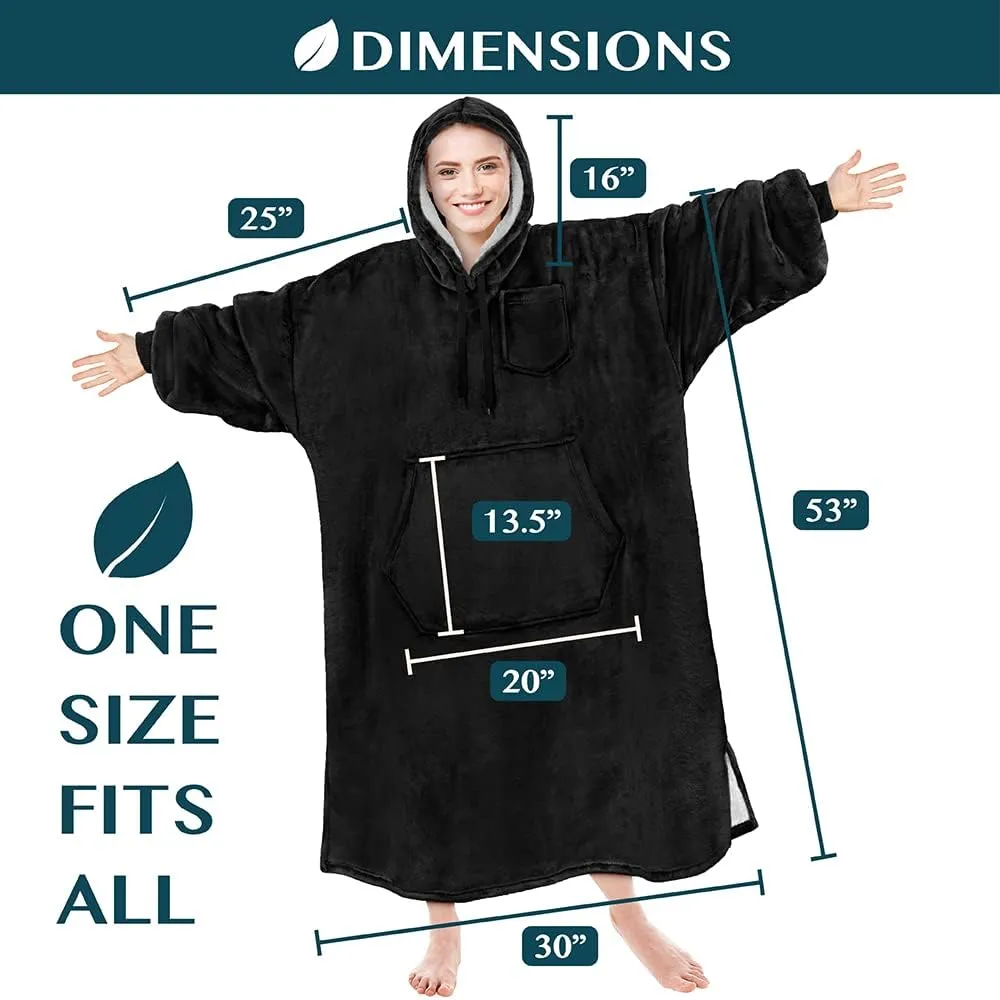PAVILIA Blanket Hoodie for Women Black, Sherpa Wearable Blanket Men, Cozy Oversized Sweatshirt Blanket, Warm Fleece Hooded Blanket Sweater with Sleeves and Giant Pocket, Adult Long, Black