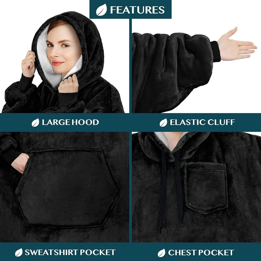 PAVILIA Blanket Hoodie for Women Black, Sherpa Wearable Blanket Men, Cozy Oversized Sweatshirt Blanket, Warm Fleece Hooded Blanket Sweater with Sleeves and Giant Pocket, Adult Long, Black