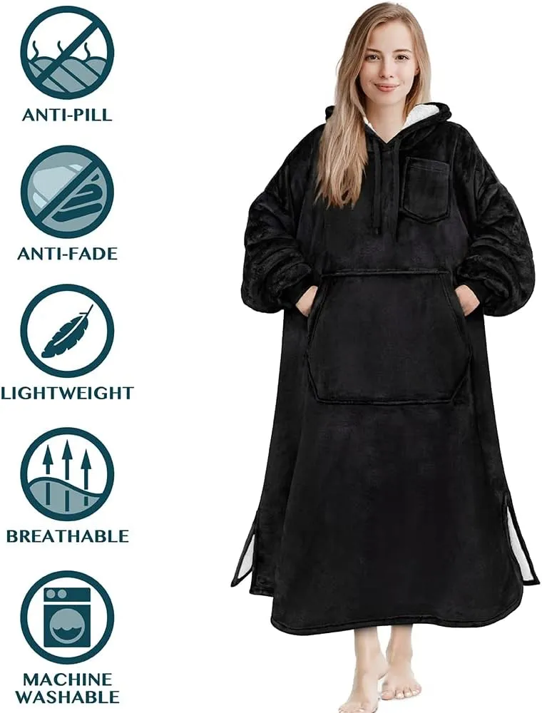 PAVILIA Blanket Hoodie for Women Black, Sherpa Wearable Blanket Men, Cozy Oversized Sweatshirt Blanket, Warm Fleece Hooded Blanket Sweater with Sleeves and Giant Pocket, Adult Long, Black