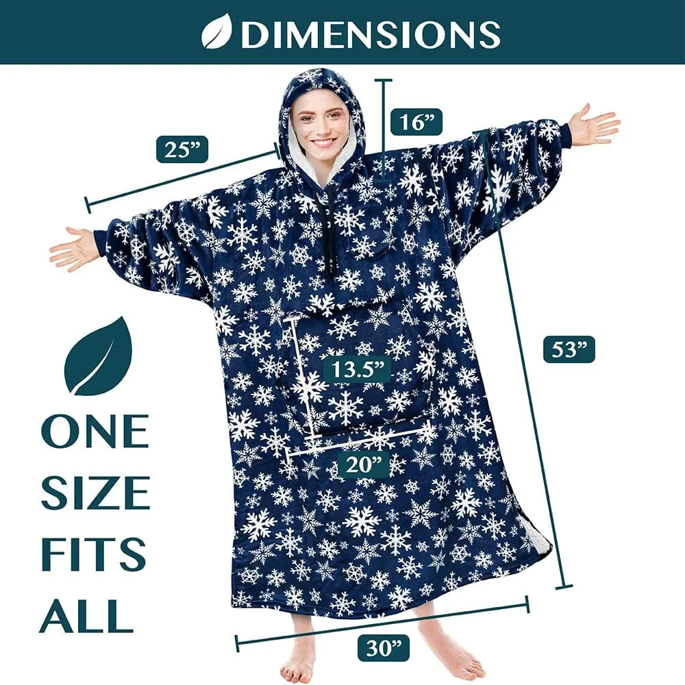 PAVILIA Blanket Hoodie for Women Blue, Sherpa Wearable Blanket Men, Cozy Oversized Sweatshirt Blanket, Warm Fleece Hooded Blanket Sweater with Sleeves and Giant Pocket, Adult Long, Blue Snowflake