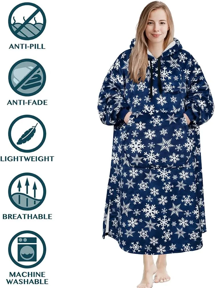 PAVILIA Blanket Hoodie for Women Blue, Sherpa Wearable Blanket Men, Cozy Oversized Sweatshirt Blanket, Warm Fleece Hooded Blanket Sweater with Sleeves and Giant Pocket, Adult Long, Blue Snowflake