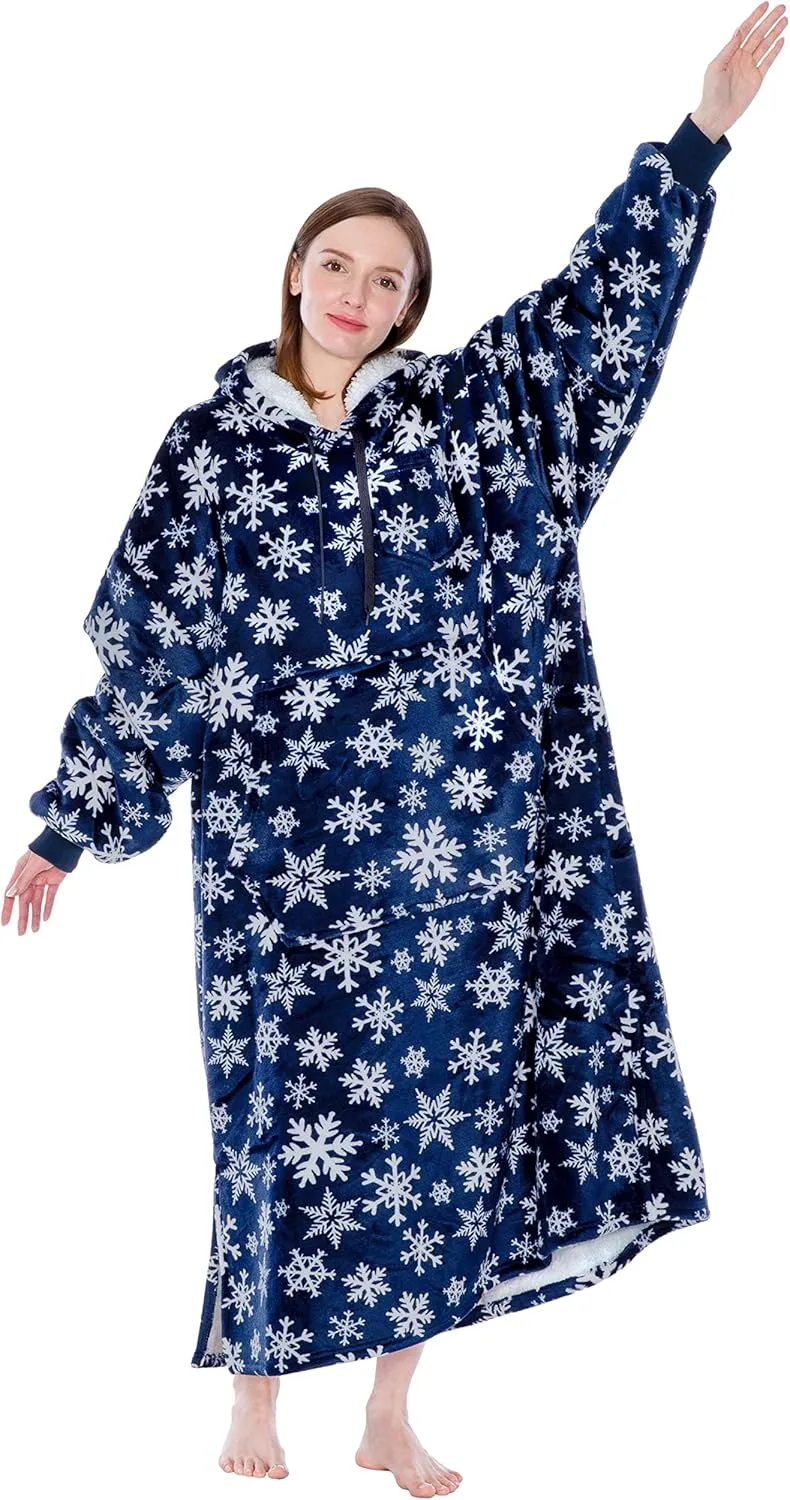 PAVILIA Blanket Hoodie for Women Blue, Sherpa Wearable Blanket Men, Cozy Oversized Sweatshirt Blanket, Warm Fleece Hooded Blanket Sweater with Sleeves and Giant Pocket, Adult Long, Blue Snowflake