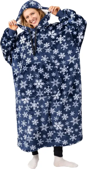 PAVILIA Blanket Hoodie for Women Blue, Sherpa Wearable Blanket Men, Cozy Oversized Sweatshirt Blanket, Warm Fleece Hooded Blanket Sweater with Sleeves and Giant Pocket, Adult Long, Blue Snowflake