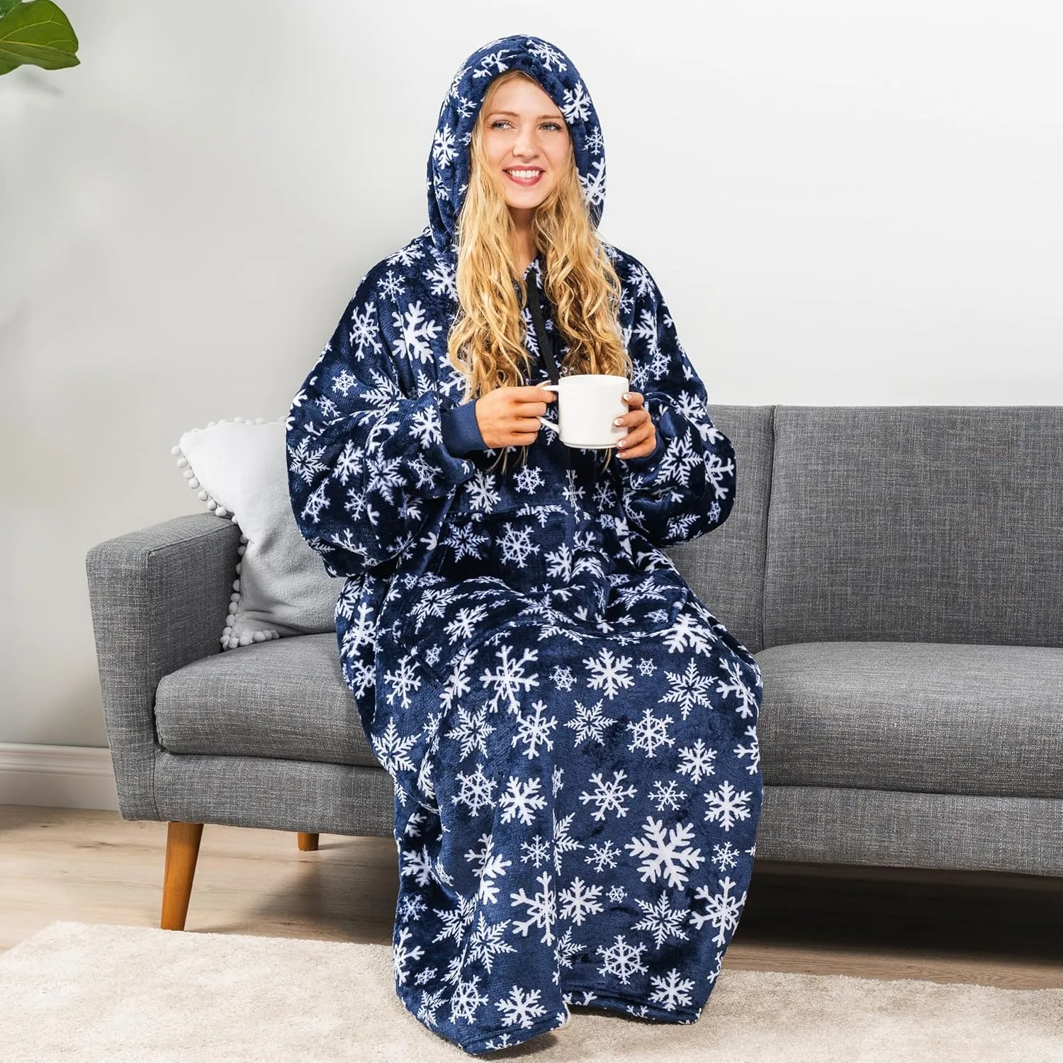 PAVILIA Blanket Hoodie for Women Blue, Sherpa Wearable Blanket Men, Cozy Oversized Sweatshirt Blanket, Warm Fleece Hooded Blanket Sweater with Sleeves and Giant Pocket, Adult Long, Blue Snowflake