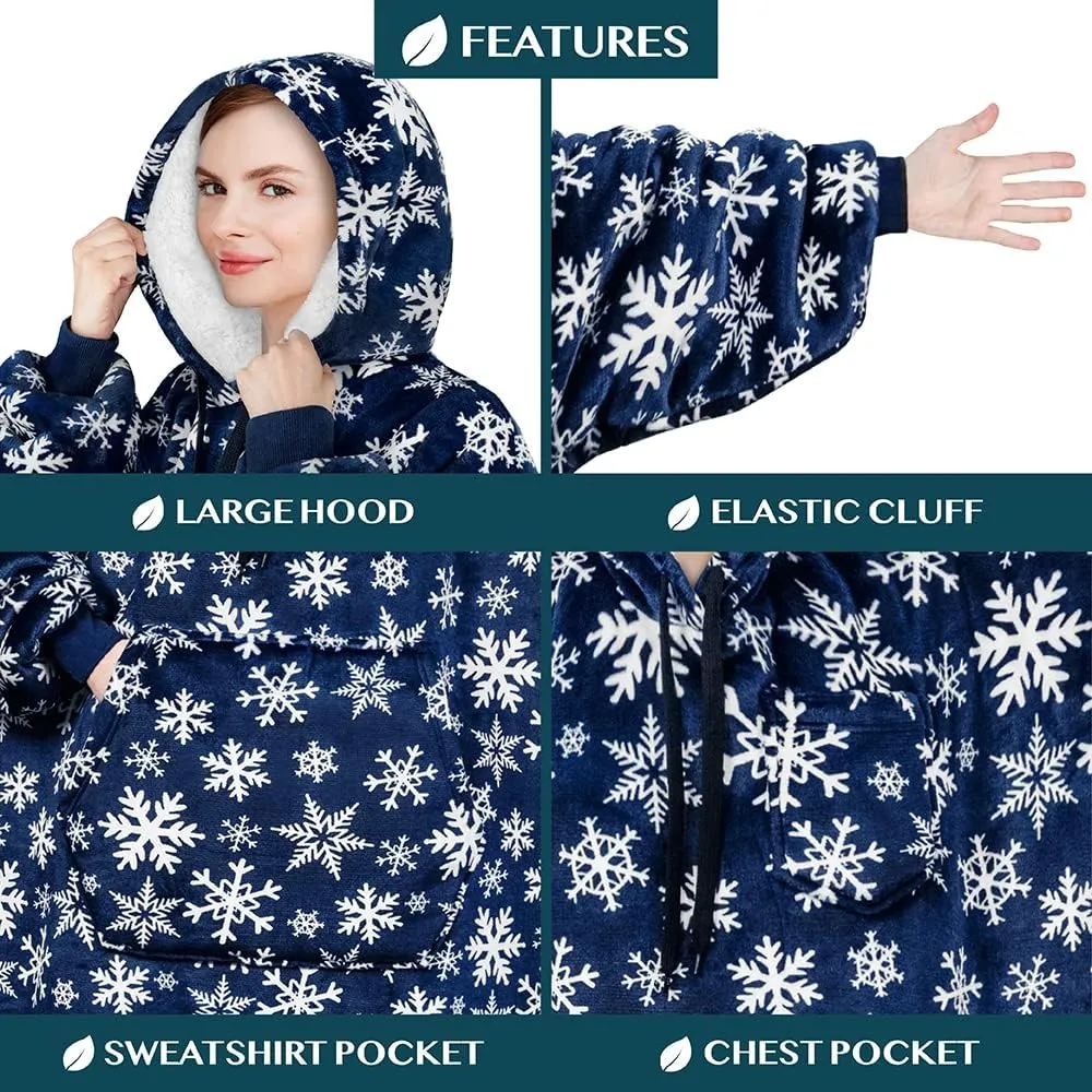 PAVILIA Blanket Hoodie for Women Blue, Sherpa Wearable Blanket Men, Cozy Oversized Sweatshirt Blanket, Warm Fleece Hooded Blanket Sweater with Sleeves and Giant Pocket, Adult Long, Blue Snowflake