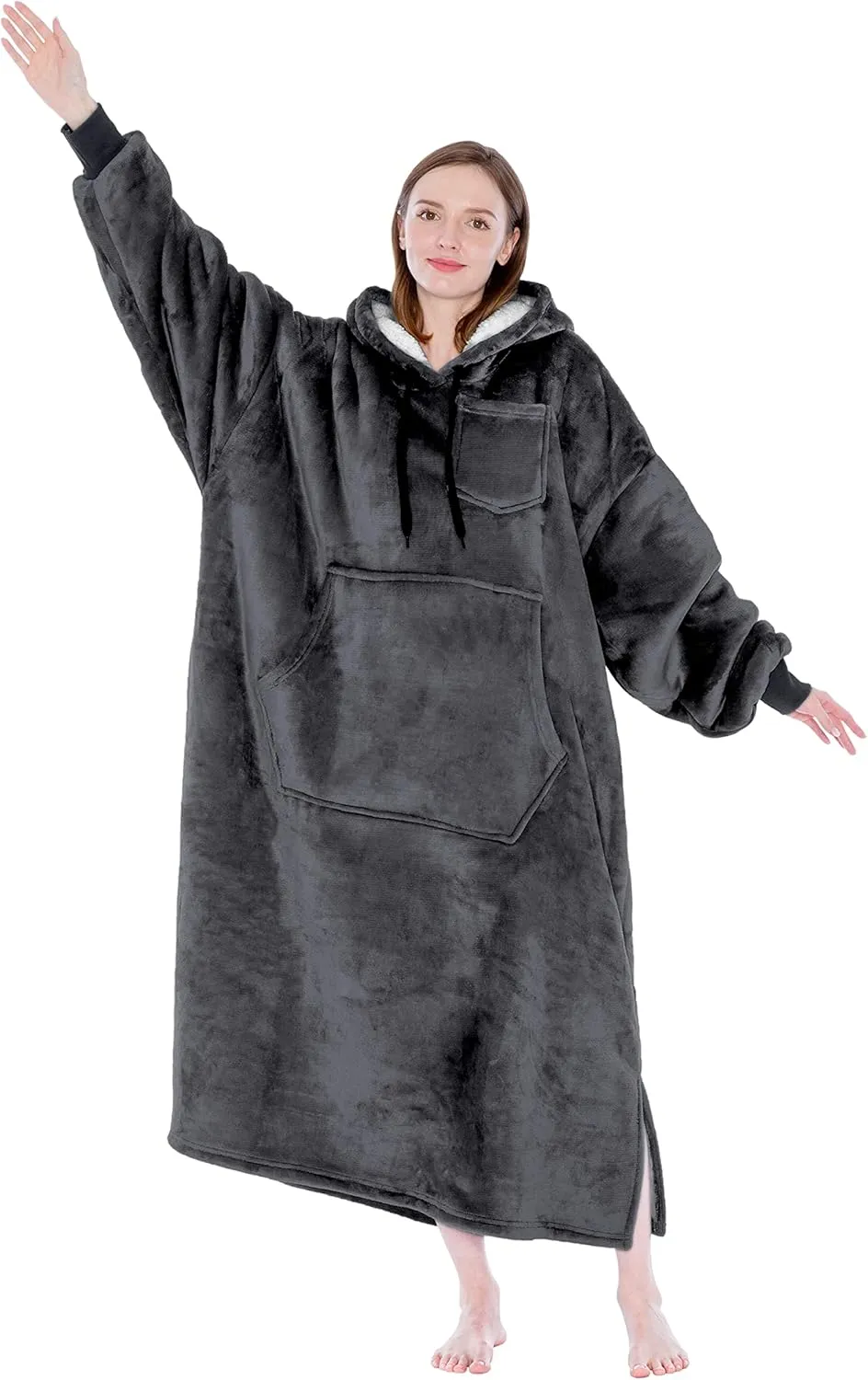 PAVILIA Blanket Hoodie for Women Grey, Sherpa Wearable Blanket Men, Cozy Oversized Sweatshirt Blanket, Warm Fleece Hooded Blanket Sweater with Sleeves and Giant Pocket, Adult Long, Gray