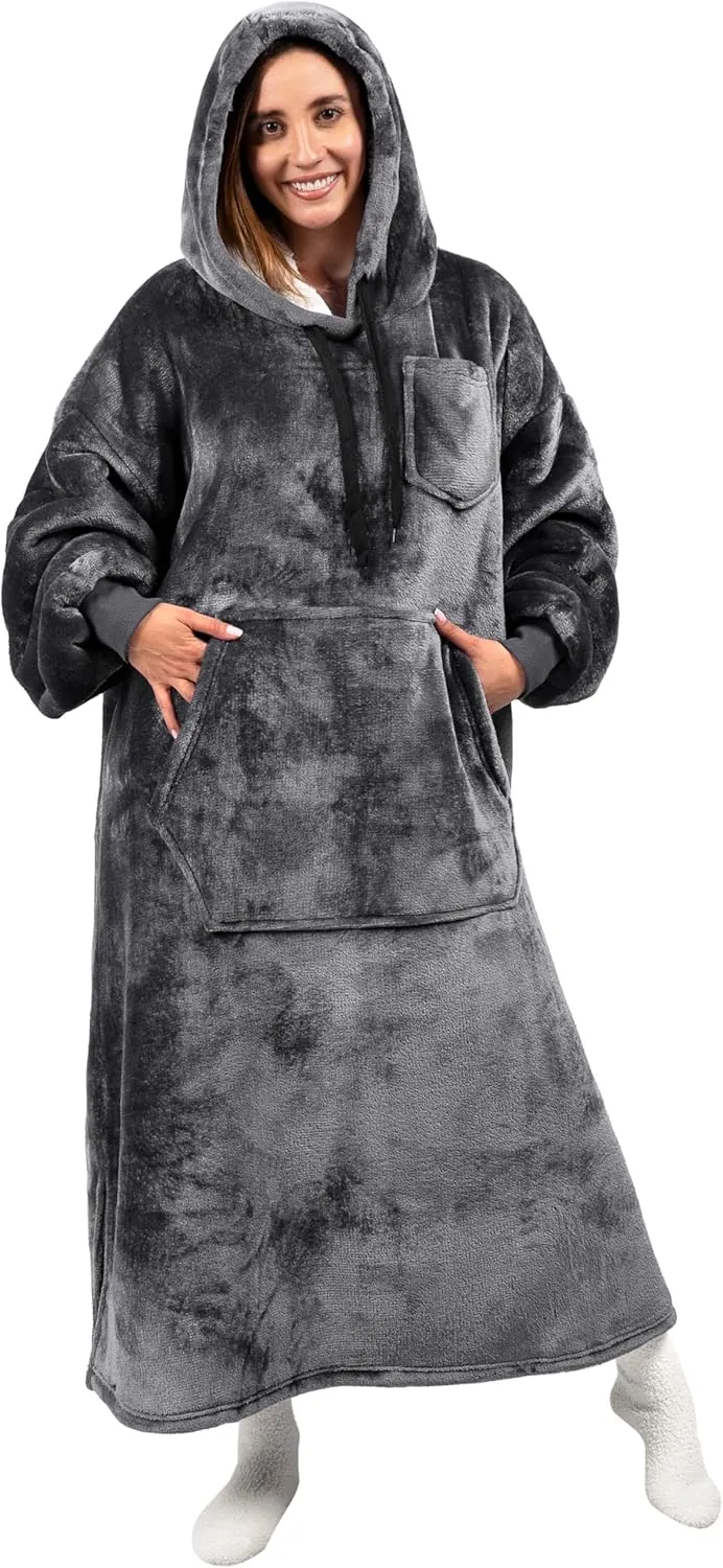 PAVILIA Blanket Hoodie for Women Grey, Sherpa Wearable Blanket Men, Cozy Oversized Sweatshirt Blanket, Warm Fleece Hooded Blanket Sweater with Sleeves and Giant Pocket, Adult Long, Gray