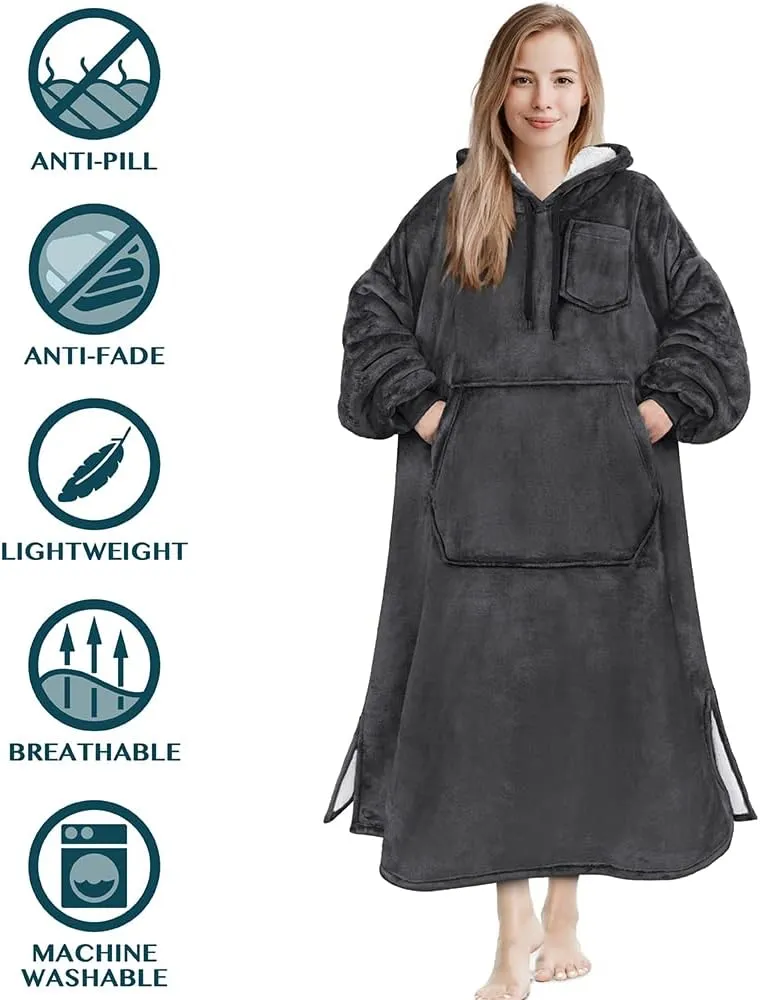 PAVILIA Blanket Hoodie for Women Grey, Sherpa Wearable Blanket Men, Cozy Oversized Sweatshirt Blanket, Warm Fleece Hooded Blanket Sweater with Sleeves and Giant Pocket, Adult Long, Gray