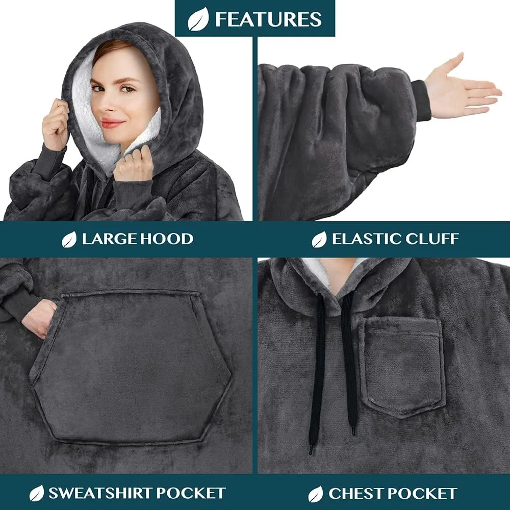 PAVILIA Blanket Hoodie for Women Grey, Sherpa Wearable Blanket Men, Cozy Oversized Sweatshirt Blanket, Warm Fleece Hooded Blanket Sweater with Sleeves and Giant Pocket, Adult Long, Gray