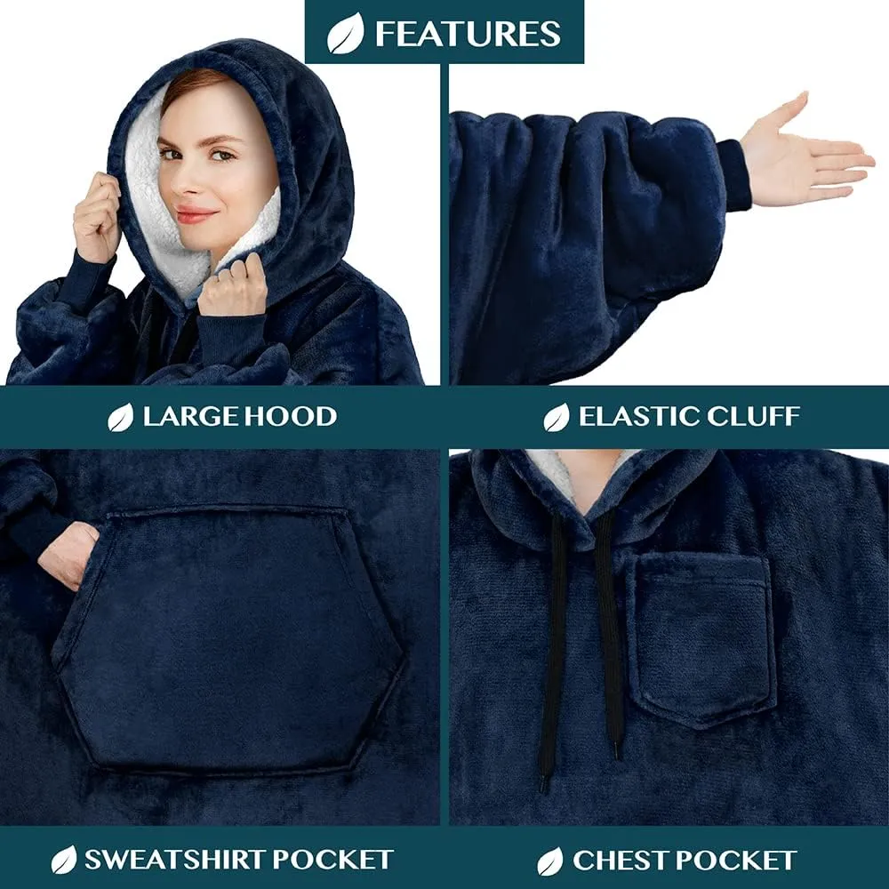 PAVILIA Blanket Hoodie for Women Navy, Sherpa Wearable Blanket Men, Cozy Oversized Sweatshirt Blanket, Warm Fleece Hooded Blanket Sweater with Sleeves and Giant Pocket, Adult Long, Navy Blue