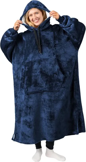 PAVILIA Blanket Hoodie for Women Navy, Sherpa Wearable Blanket Men, Cozy Oversized Sweatshirt Blanket, Warm Fleece Hooded Blanket Sweater with Sleeves and Giant Pocket, Adult Long, Navy Blue