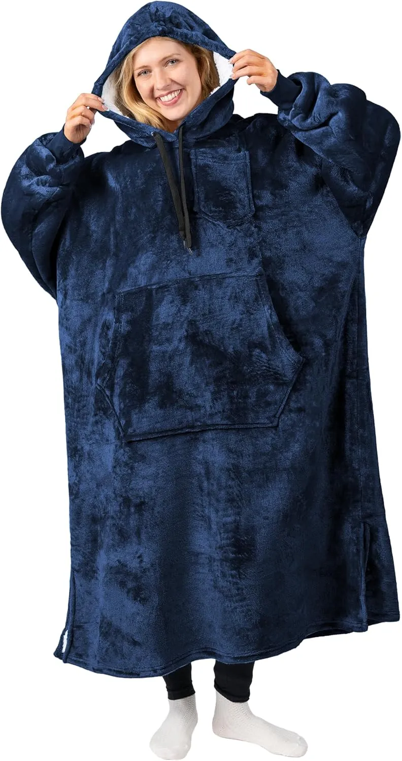 PAVILIA Blanket Hoodie for Women Navy, Sherpa Wearable Blanket Men, Cozy Oversized Sweatshirt Blanket, Warm Fleece Hooded Blanket Sweater with Sleeves and Giant Pocket, Adult Long, Navy Blue