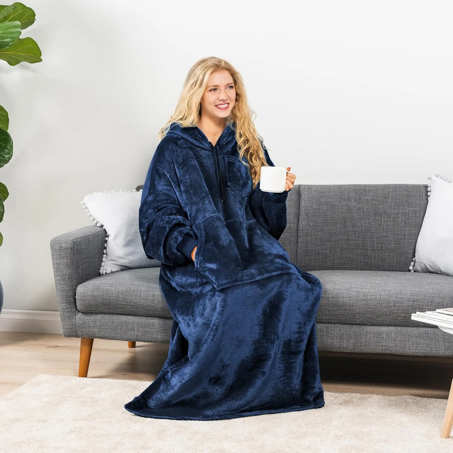 PAVILIA Blanket Hoodie for Women Navy, Sherpa Wearable Blanket Men, Cozy Oversized Sweatshirt Blanket, Warm Fleece Hooded Blanket Sweater with Sleeves and Giant Pocket, Adult Long, Navy Blue