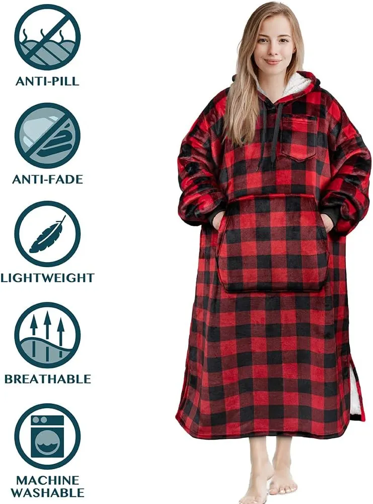 PAVILIA Blanket Hoodie for Women Red, Sherpa Wearable Blanket Men, Cozy Oversized Sweatshirt Blanket, Warm Fleece Hooded Blanket Sweater with Sleeves and Giant Pocket, Adult Long, Checker Red