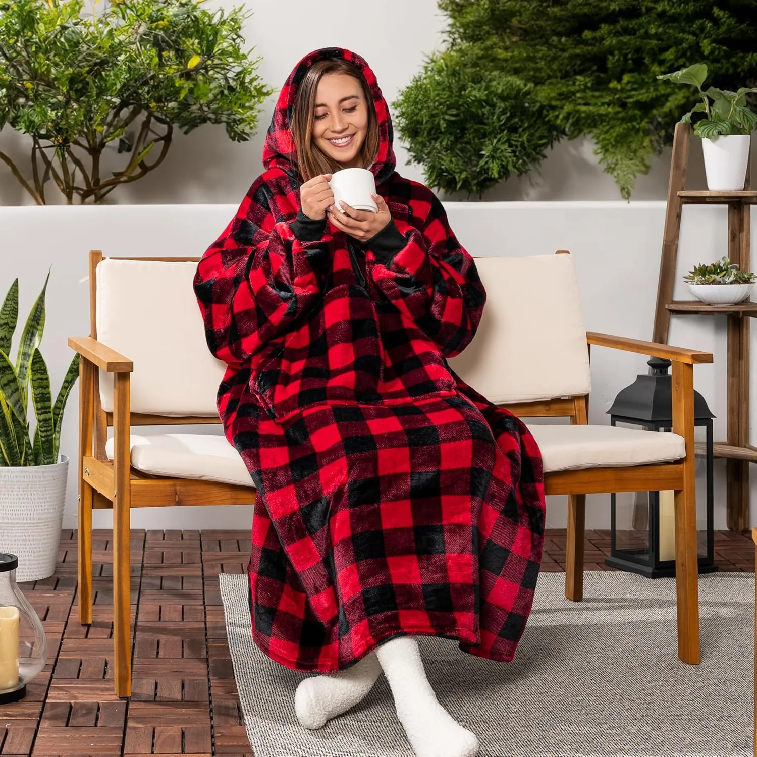 PAVILIA Blanket Hoodie for Women Red, Sherpa Wearable Blanket Men, Cozy Oversized Sweatshirt Blanket, Warm Fleece Hooded Blanket Sweater with Sleeves and Giant Pocket, Adult Long, Checker Red