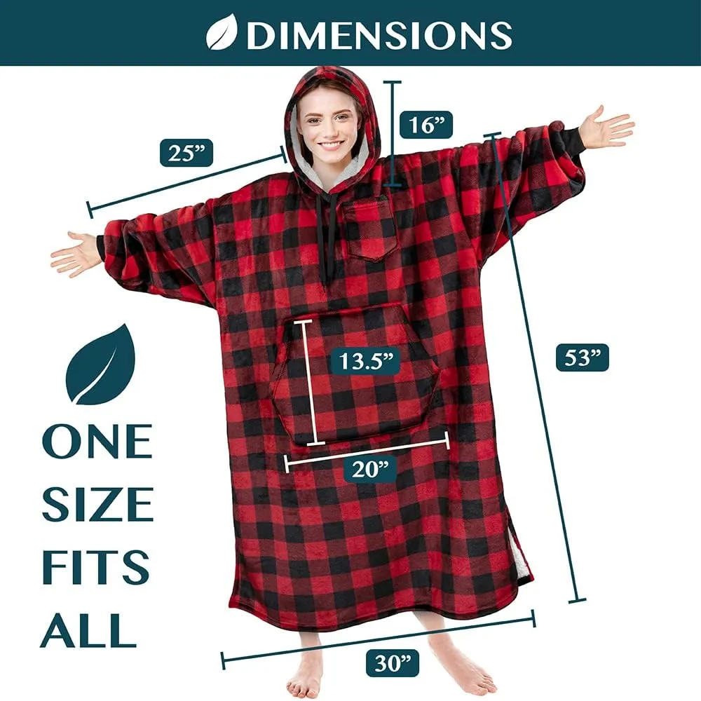 PAVILIA Blanket Hoodie for Women Red, Sherpa Wearable Blanket Men, Cozy Oversized Sweatshirt Blanket, Warm Fleece Hooded Blanket Sweater with Sleeves and Giant Pocket, Adult Long, Checker Red