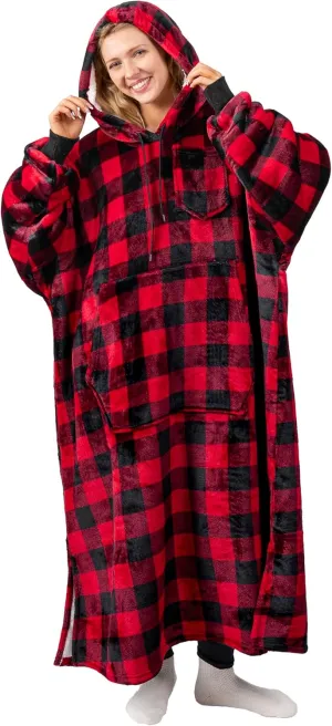 PAVILIA Blanket Hoodie for Women Red, Sherpa Wearable Blanket Men, Cozy Oversized Sweatshirt Blanket, Warm Fleece Hooded Blanket Sweater with Sleeves and Giant Pocket, Adult Long, Checker Red