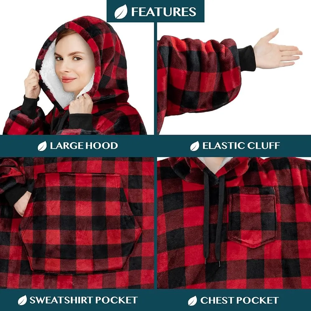 PAVILIA Blanket Hoodie for Women Red, Sherpa Wearable Blanket Men, Cozy Oversized Sweatshirt Blanket, Warm Fleece Hooded Blanket Sweater with Sleeves and Giant Pocket, Adult Long, Checker Red