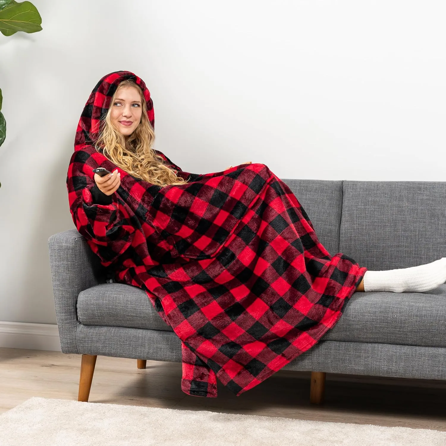 PAVILIA Blanket Hoodie for Women Red, Sherpa Wearable Blanket Men, Cozy Oversized Sweatshirt Blanket, Warm Fleece Hooded Blanket Sweater with Sleeves and Giant Pocket, Adult Long, Checker Red