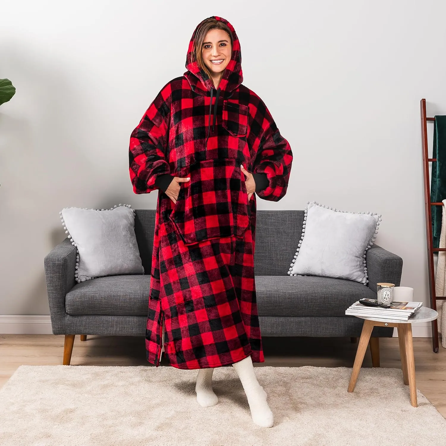 PAVILIA Blanket Hoodie for Women Red, Sherpa Wearable Blanket Men, Cozy Oversized Sweatshirt Blanket, Warm Fleece Hooded Blanket Sweater with Sleeves and Giant Pocket, Adult Long, Checker Red