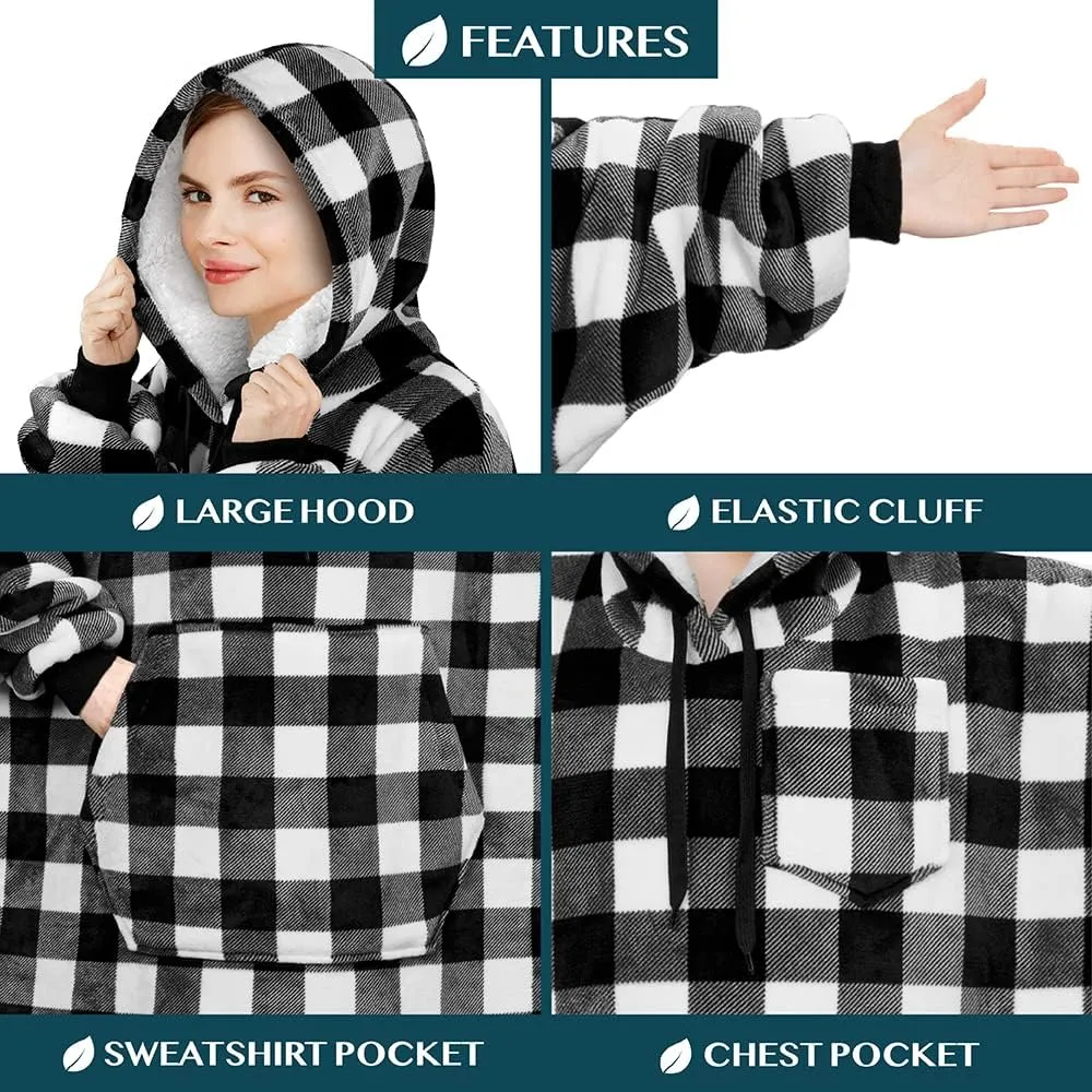 PAVILIA Blanket Hoodie for Women White, Sherpa Wearable Blanket Men, Cozy Oversized Sweatshirt Blanket, Warm Fleece Hooded Blanket Sweater with Sleeves and Giant Pocket, Adult Long, Checker White