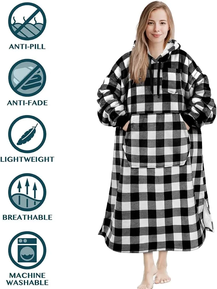 PAVILIA Blanket Hoodie for Women White, Sherpa Wearable Blanket Men, Cozy Oversized Sweatshirt Blanket, Warm Fleece Hooded Blanket Sweater with Sleeves and Giant Pocket, Adult Long, Checker White