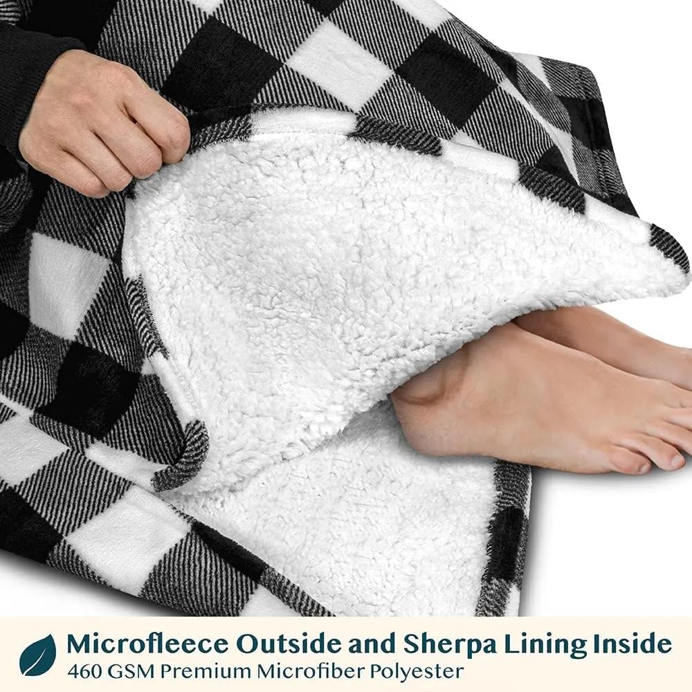 PAVILIA Blanket Hoodie for Women White, Sherpa Wearable Blanket Men, Cozy Oversized Sweatshirt Blanket, Warm Fleece Hooded Blanket Sweater with Sleeves and Giant Pocket, Adult Long, Checker White