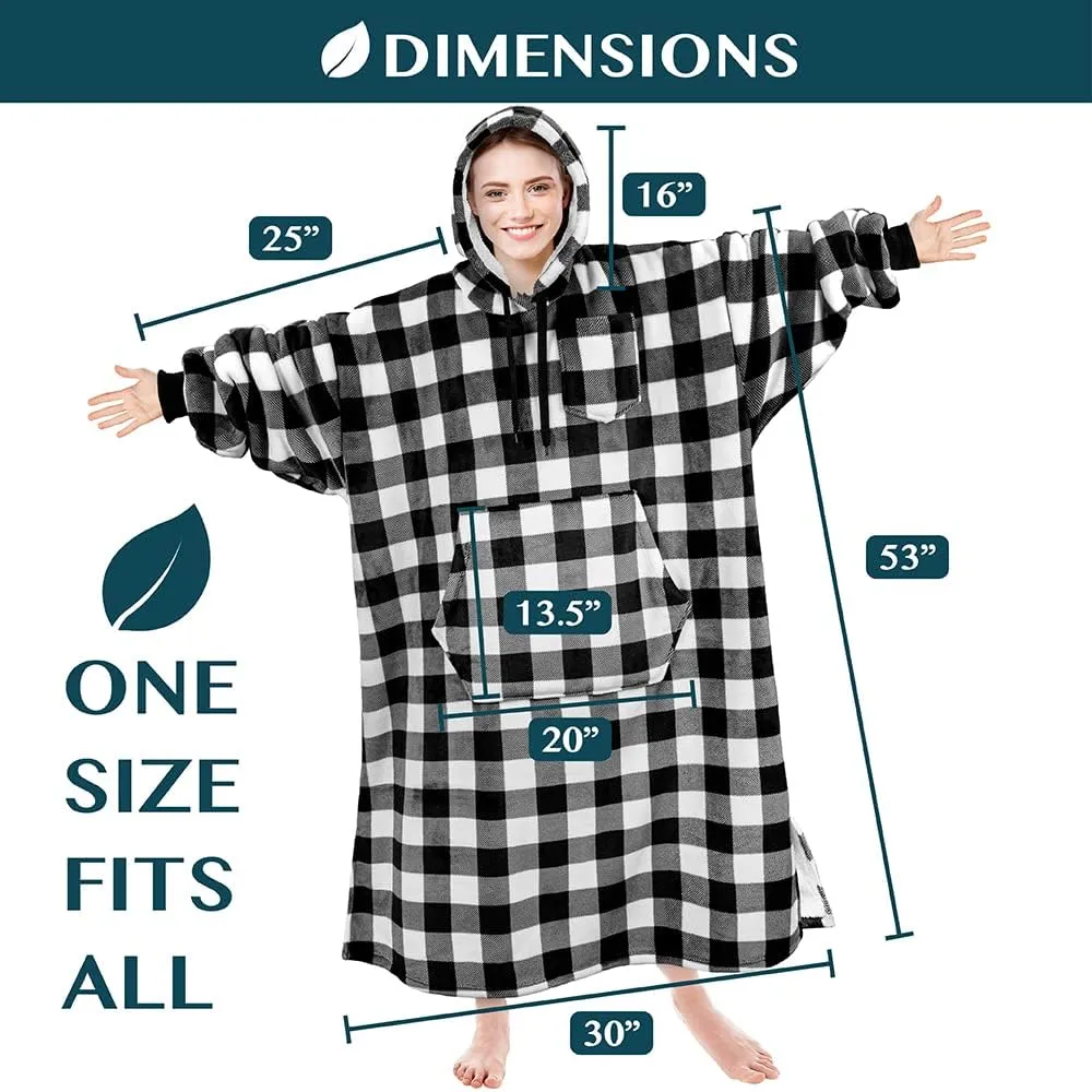 PAVILIA Blanket Hoodie for Women White, Sherpa Wearable Blanket Men, Cozy Oversized Sweatshirt Blanket, Warm Fleece Hooded Blanket Sweater with Sleeves and Giant Pocket, Adult Long, Checker White