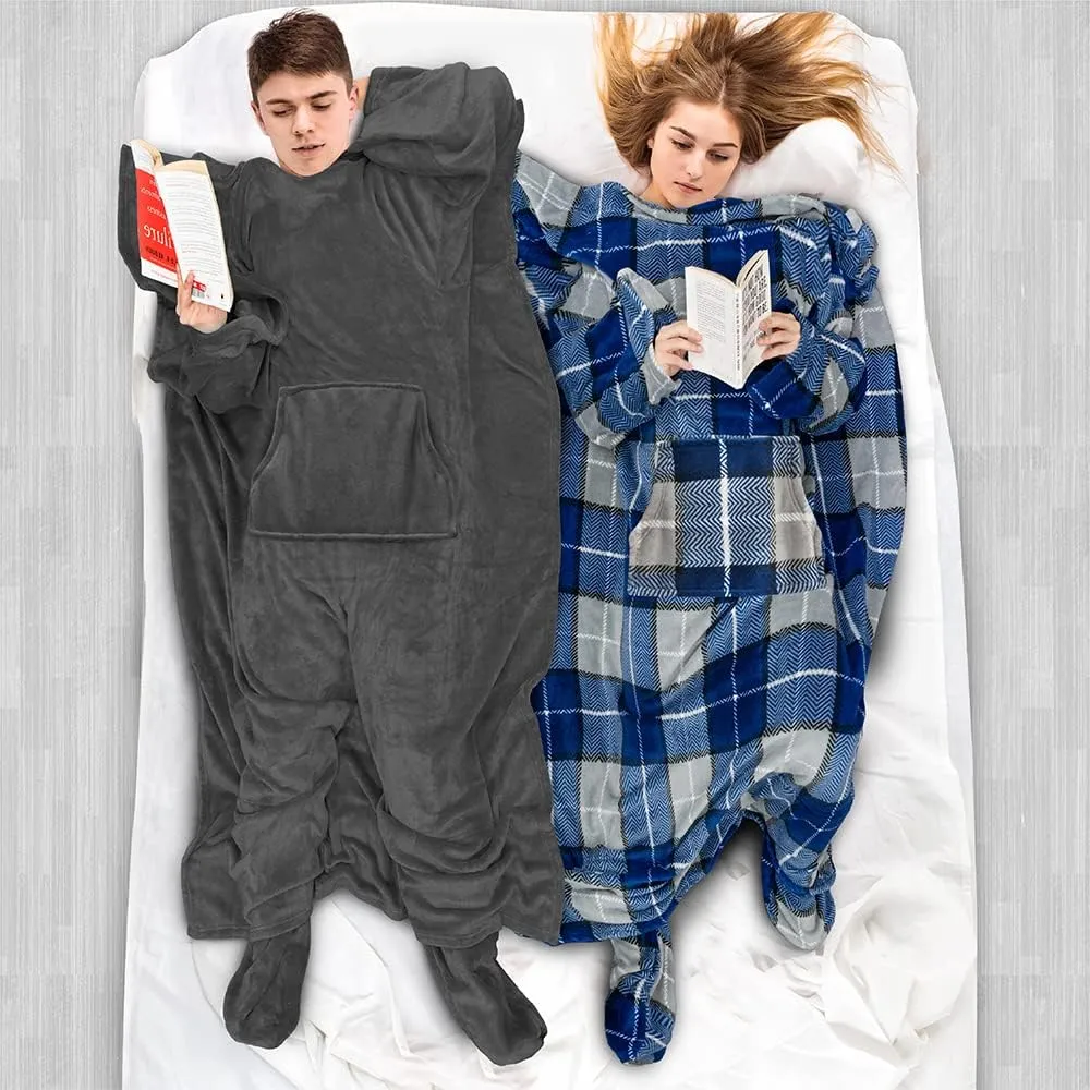 PAVILIA Fleece Blanket with Sleeves, Foot Pockets for Women Men Adults, Plush Wearable Blanket Throw Wrap, Warm Snuggle Blanket Robe, Cozy Gift Ideas Wife Mom, Dark Gray