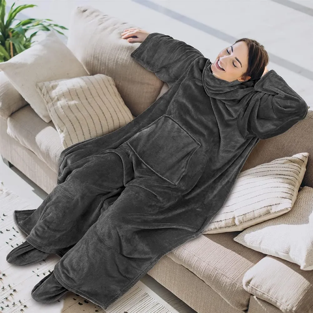 PAVILIA Fleece Blanket with Sleeves, Foot Pockets for Women Men Adults, Plush Wearable Blanket Throw Wrap, Warm Snuggle Blanket Robe, Cozy Gift Ideas Wife Mom, Dark Gray