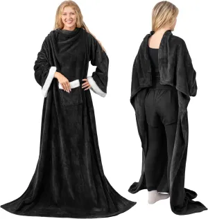 PAVILIA Fleece Blanket with Sleeves for Women Men Adults, Wearable Blanket Warm Soft Plush, Snuggle Pocket Sleeved TV Throw Wrap, Cozy White Elephant Gifts Ideas for Mom Wife, Black