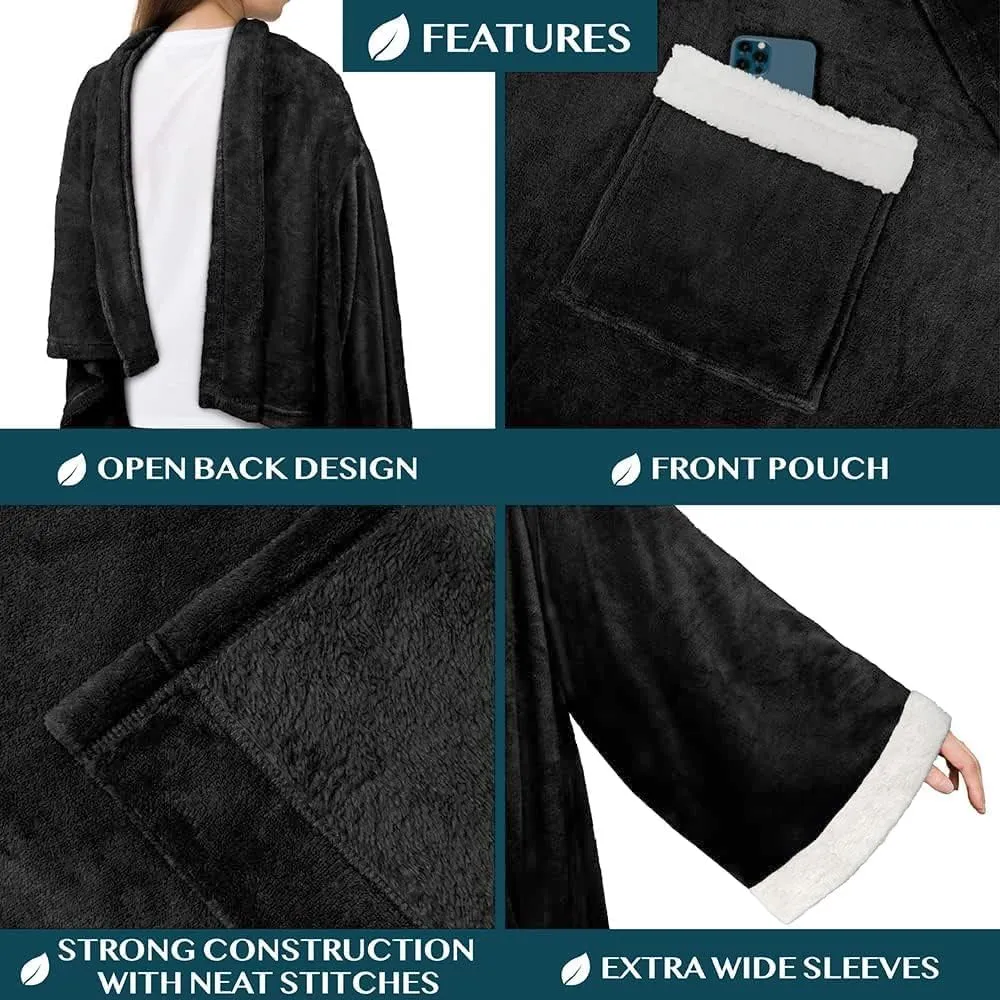 PAVILIA Fleece Blanket with Sleeves for Women Men Adults, Wearable Blanket Warm Soft Plush, Snuggle Pocket Sleeved TV Throw Wrap, Cozy White Elephant Gifts Ideas for Mom Wife, Black
