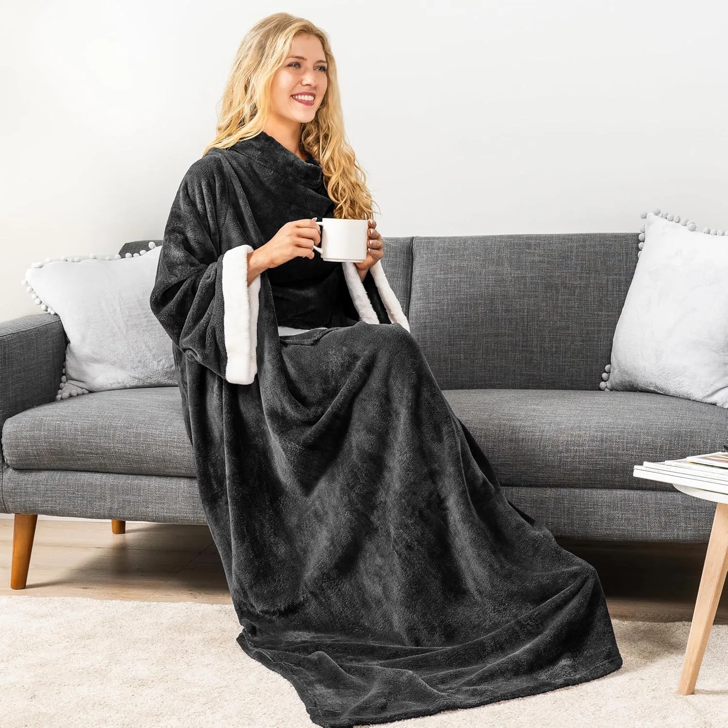 PAVILIA Fleece Blanket with Sleeves for Women Men Adults, Wearable Blanket Warm Soft Plush, Snuggle Pocket Sleeved TV Throw Wrap, Cozy White Elephant Gifts Ideas for Mom Wife, Black