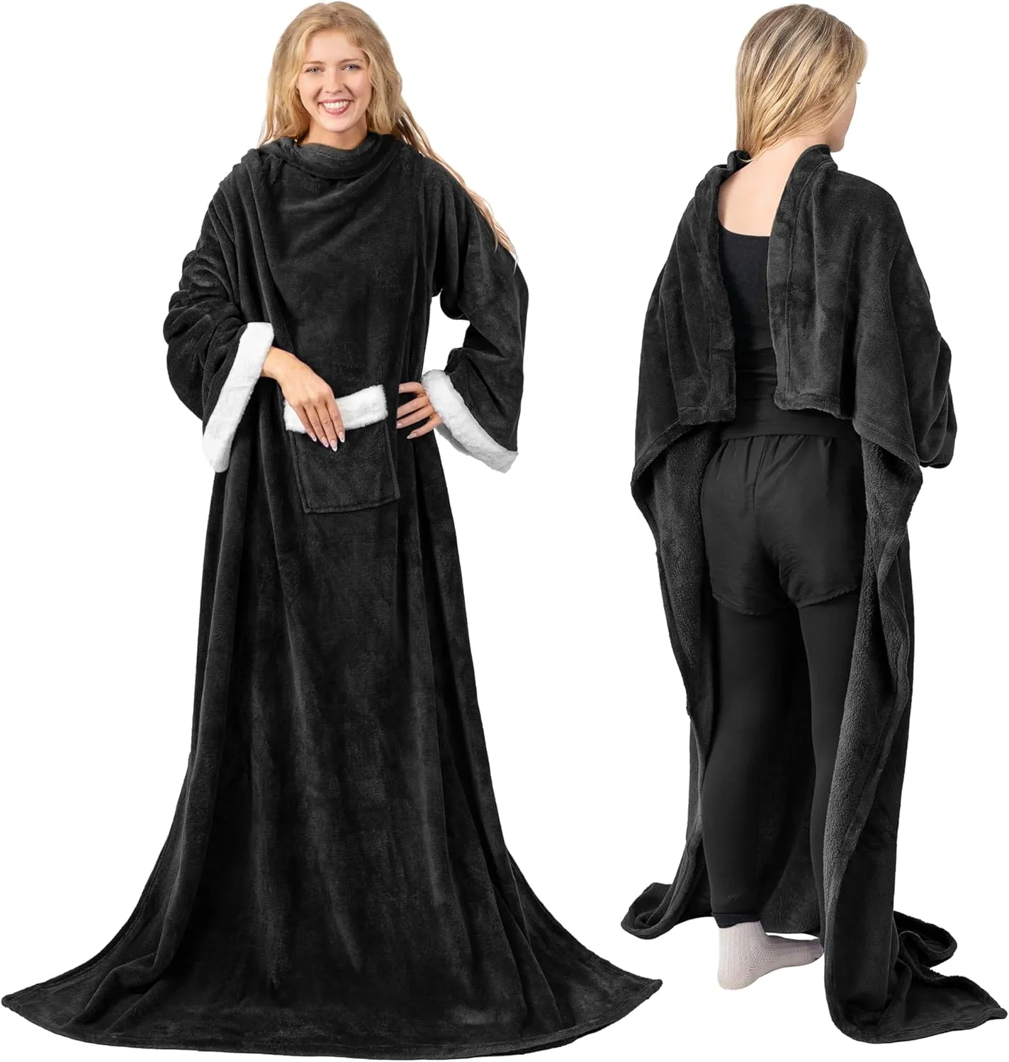 PAVILIA Fleece Blanket with Sleeves for Women Men Adults, Wearable Blanket Warm Soft Plush, Snuggle Pocket Sleeved TV Throw Wrap, Cozy White Elephant Gifts Ideas for Mom Wife, Black