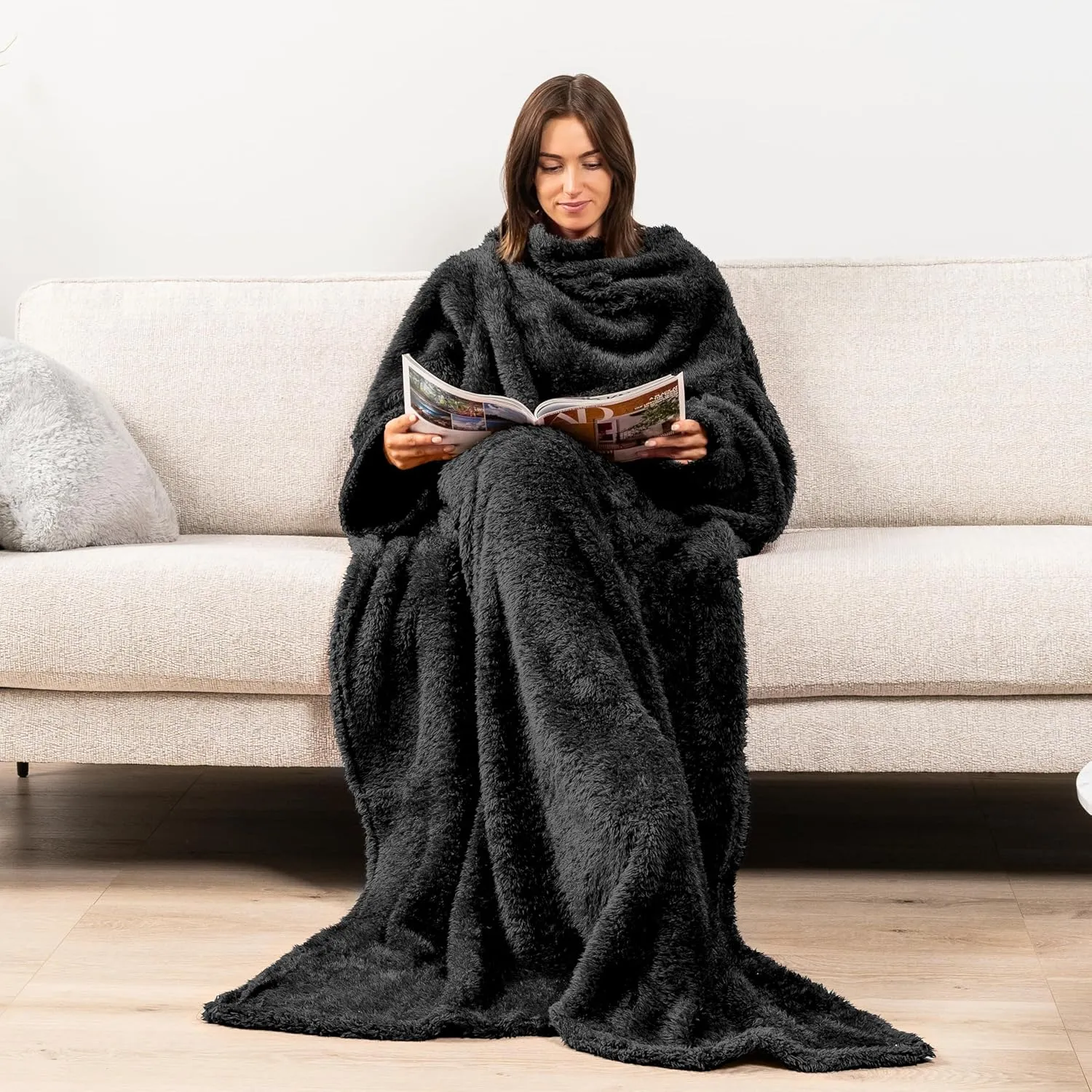 PAVILIA Fluffy Blanket with Sleeves for Women Men Adults, Wearable Blanket Plush Soft Fuzzy, Snuggle Pocket Sleeved TV Throw, Sherpa Fleece Warm Cozy Shaggy Gifts Ideas for Mom Wife