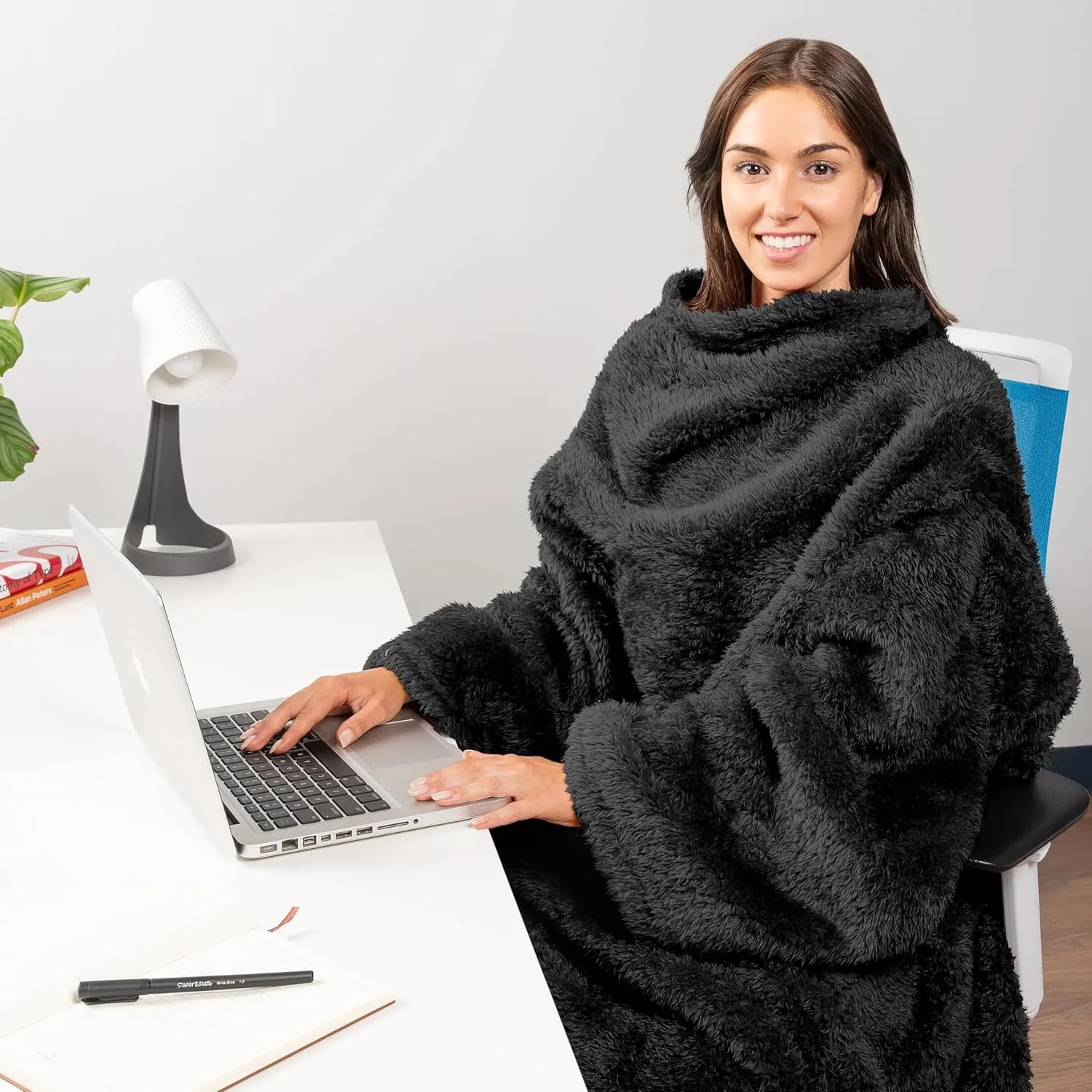 PAVILIA Fluffy Blanket with Sleeves for Women Men Adults, Wearable Blanket Plush Soft Fuzzy, Snuggle Pocket Sleeved TV Throw, Sherpa Fleece Warm Cozy Shaggy Gifts Ideas for Mom Wife