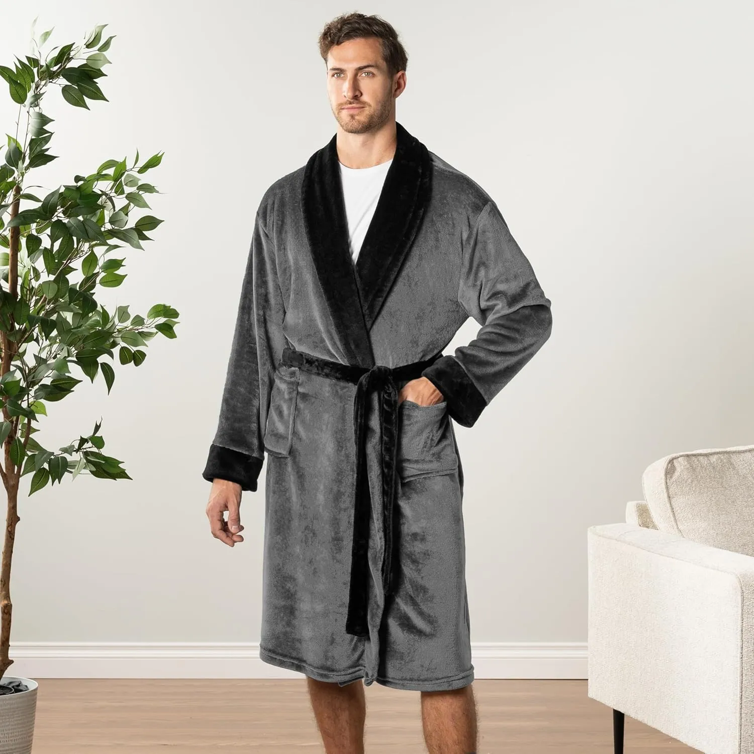 PAVILIA Mens Robe, Soft Robe for Men, Fleece Warm Long Bathrobe for Bath Shower Spa