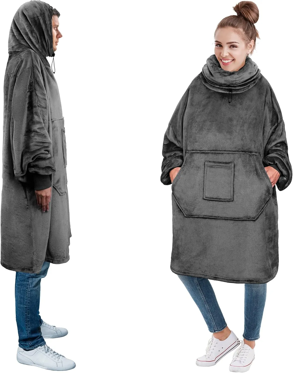PAVILIA Wearable Blanket Hoodie for Women Men, Oversized Hoodie Sweatshirt Blanket, Hooded Sweater Blanket Neck Warmer, Fleece Soft Hug Sleep Pod Adult, Cozy Warm Plush Gift Ideas for Mom Wife, Gray