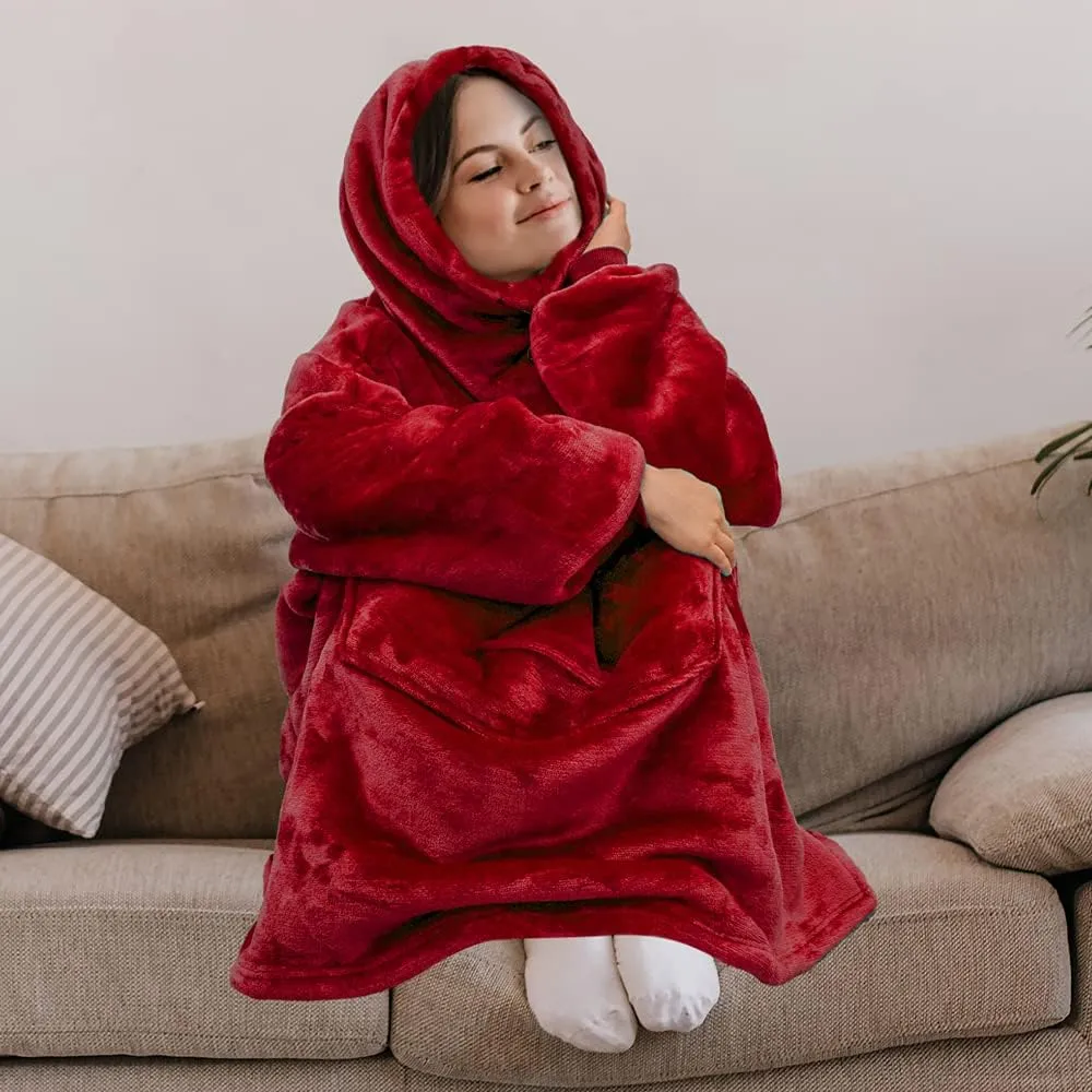 PAVILIA Wearable Blanket Hoodie for Women Men, Oversized Hoodie Sweatshirt Blanket, Hooded Sweater Blanket Neck Warmer, Fleece Soft Hug Sleep Pod Adult, Cozy Warm Plush Gift Ideas for Mom Wife, Red