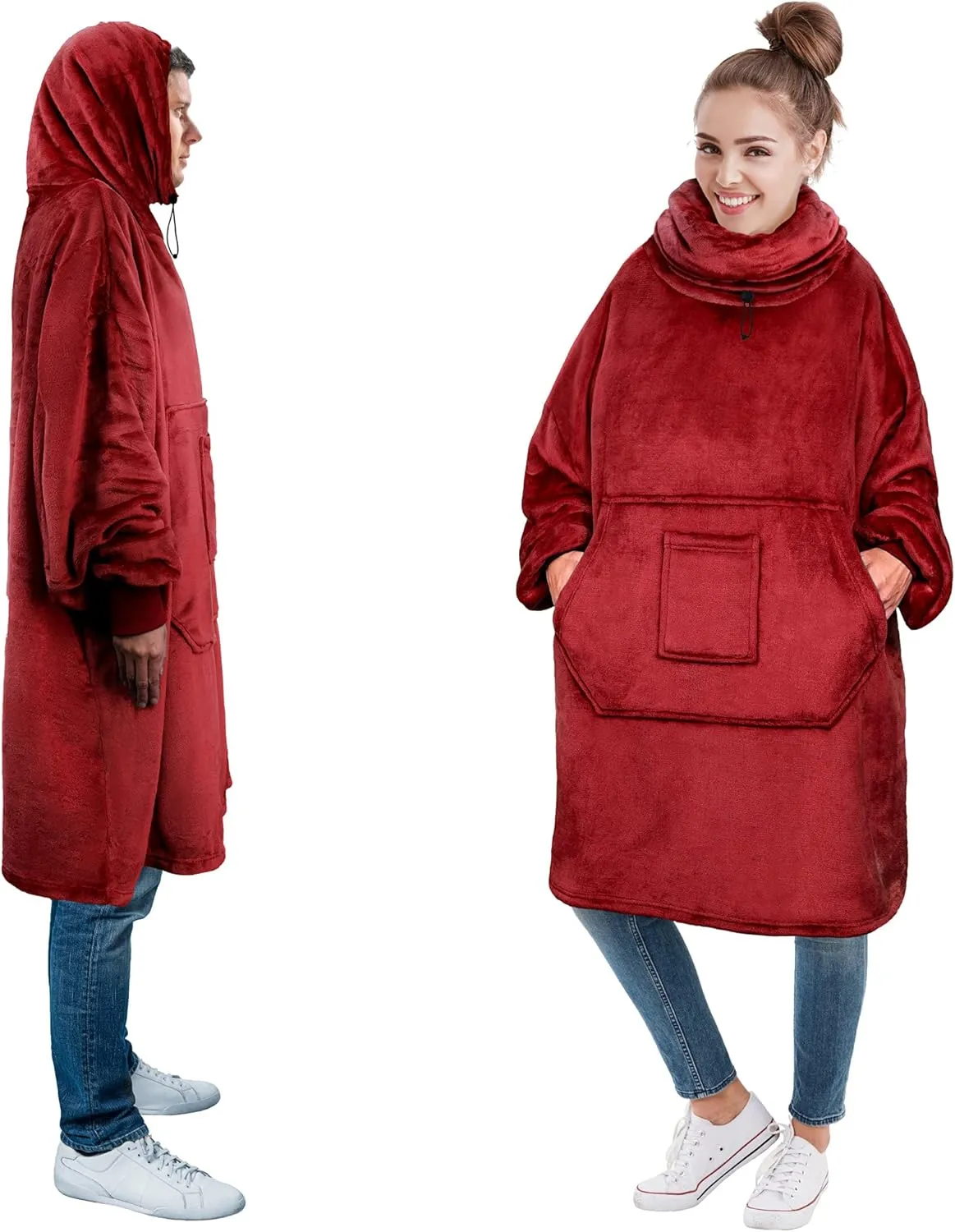 PAVILIA Wearable Blanket Hoodie for Women Men, Oversized Hoodie Sweatshirt Blanket, Hooded Sweater Blanket Neck Warmer, Fleece Soft Hug Sleep Pod Adult, Cozy Warm Plush Gift Ideas for Mom Wife, Red