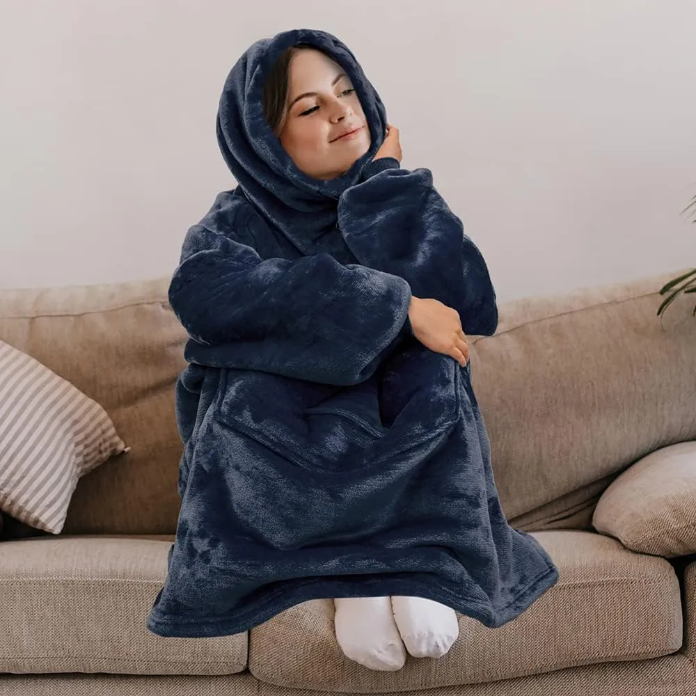 PAVILIA Wearable Blanket Hoodie for Women Men, Oversized Hoodie Sweatshirt Blanket, Hooded Sweater Blanket Neck Warmer, Fleece Soft Hug Sleep Pod Adult, Cozy Warm Plush Gift Ideas Mom Wife, Navy Blue