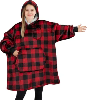 PAVILIA Wearable Blanket Sweatshirt Kids Boy Girl, Warm Cozy Giant Hoodie, Fleece Sherpa Oversized Hood Sleeves, Big Pocket