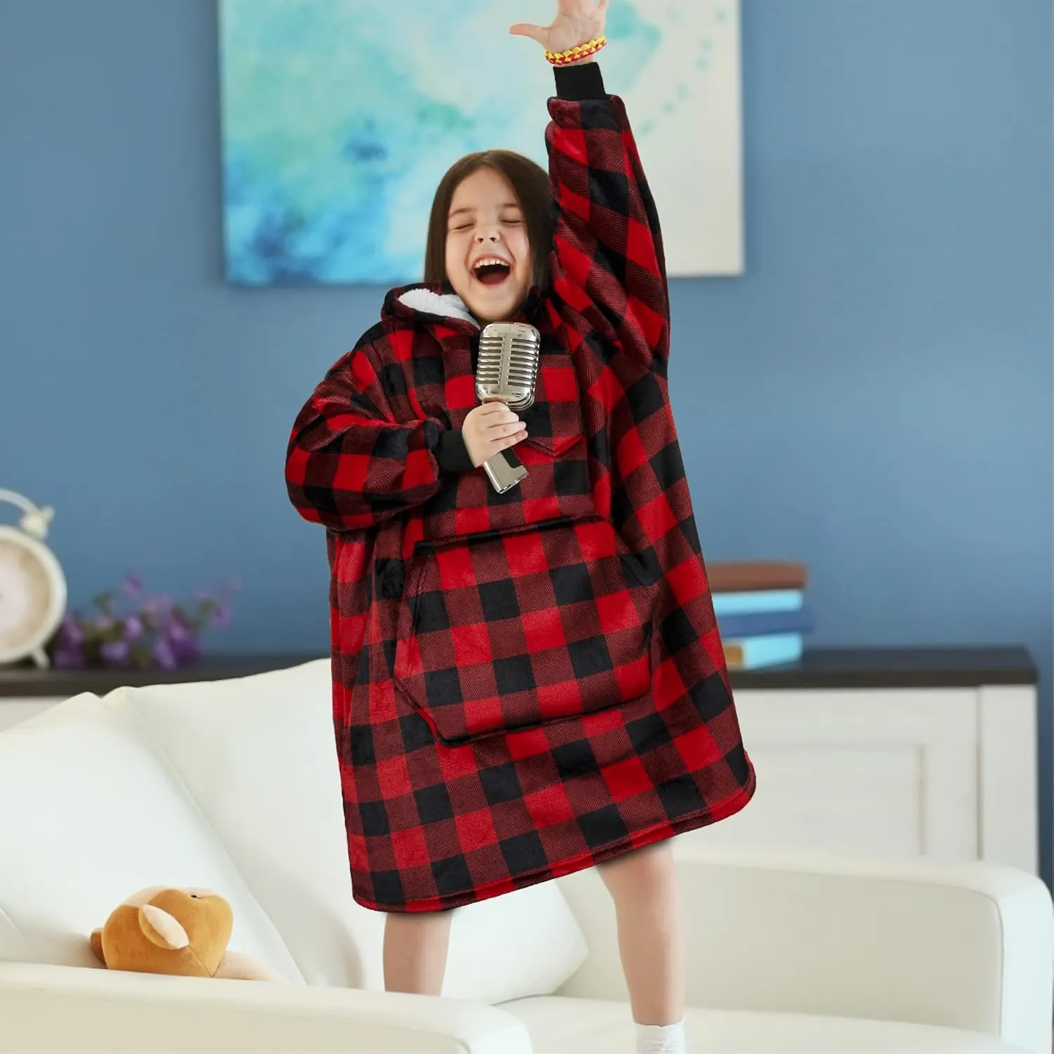 PAVILIA Wearable Blanket Sweatshirt Kids Boy Girl, Warm Cozy Giant Hoodie, Fleece Sherpa Oversized Hood Sleeves, Big Pocket