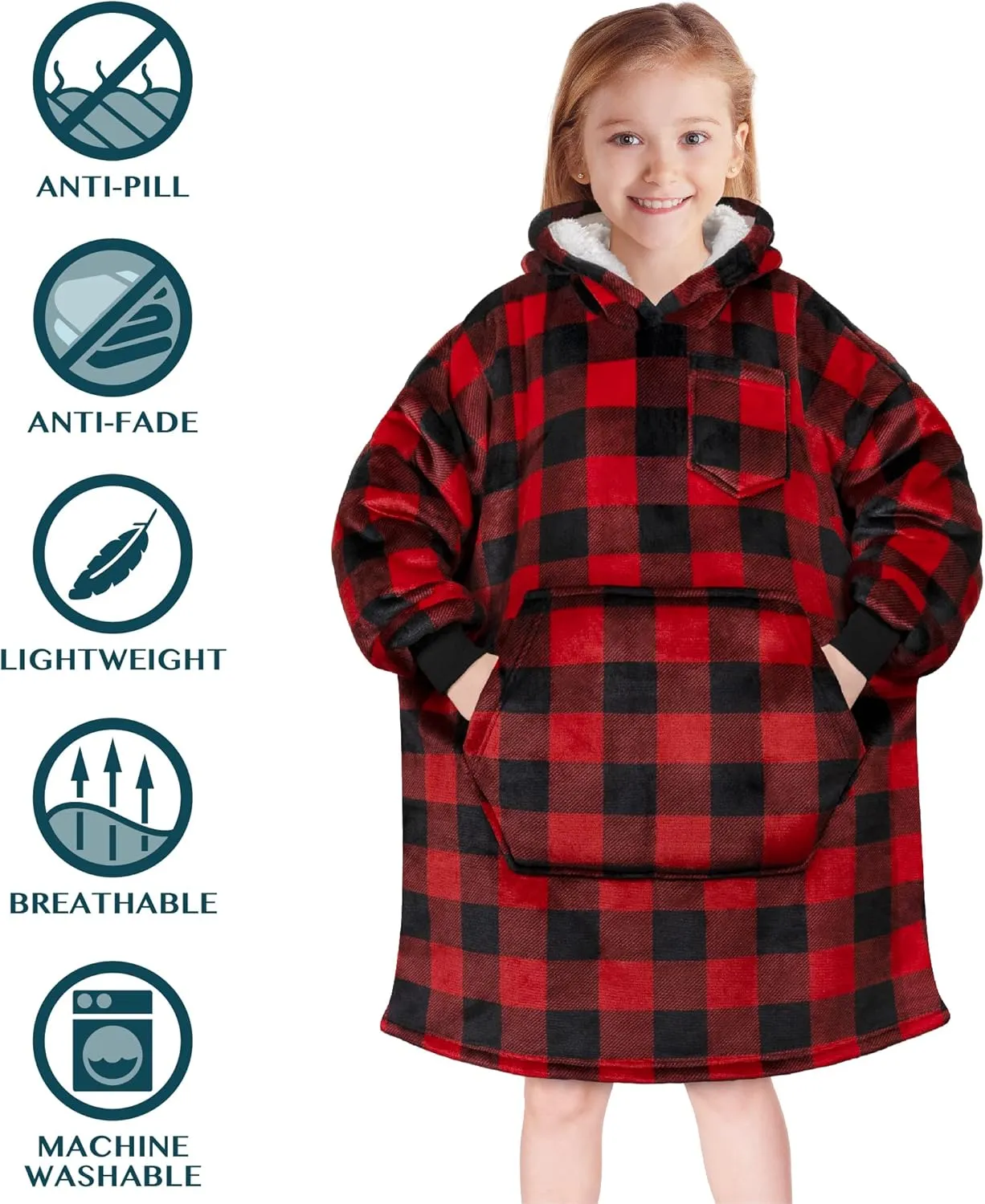 PAVILIA Wearable Blanket Sweatshirt Kids Boy Girl, Warm Cozy Giant Hoodie, Fleece Sherpa Oversized Hood Sleeves, Big Pocket